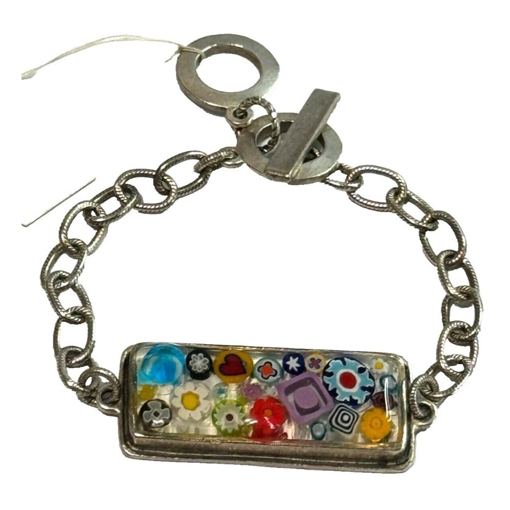 Momma Mosaics Artisan Milefiore Chain Link Bracelet With Floral & Geometric Desi - Picture 2 of 4